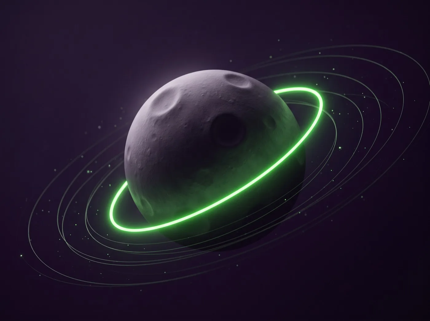 Ilustración 3D de una luna con un anillo de luz verde, identidad visual de Lunar Web