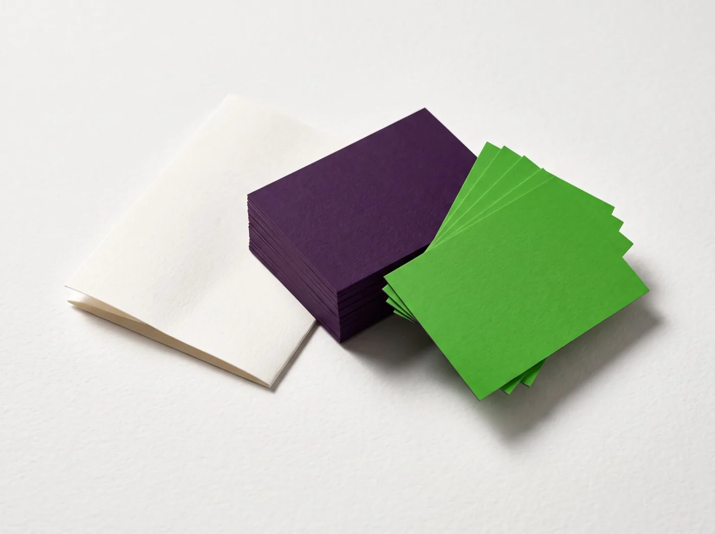 Tarjetas de papel en blanco, morado y verde sobre una superficie clara