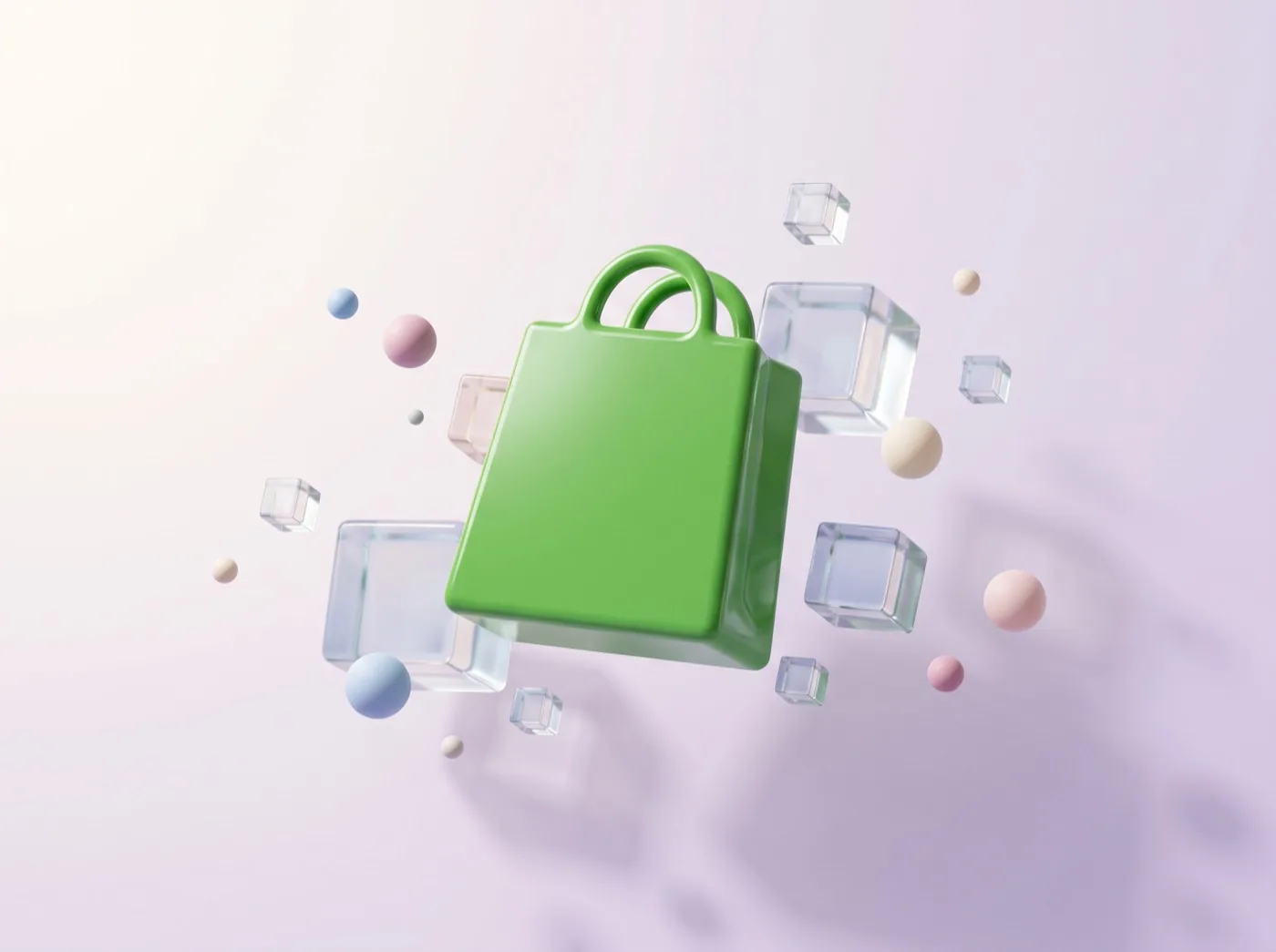Bolsa de compra verde en 3D flotando entre cubos de cristal