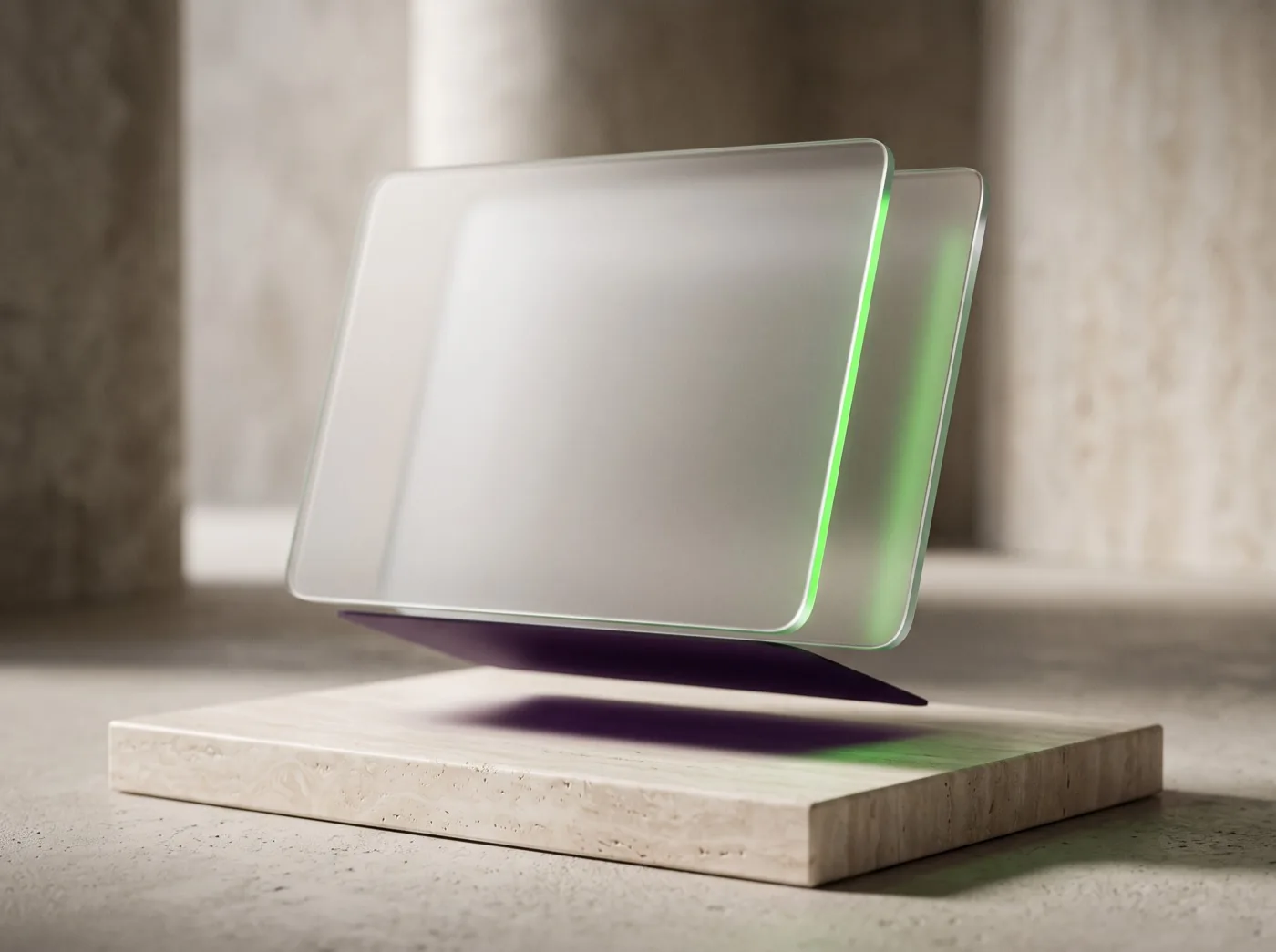 Dos pantallas de cristal esmerilado en blanco sobre un pedestal de piedra