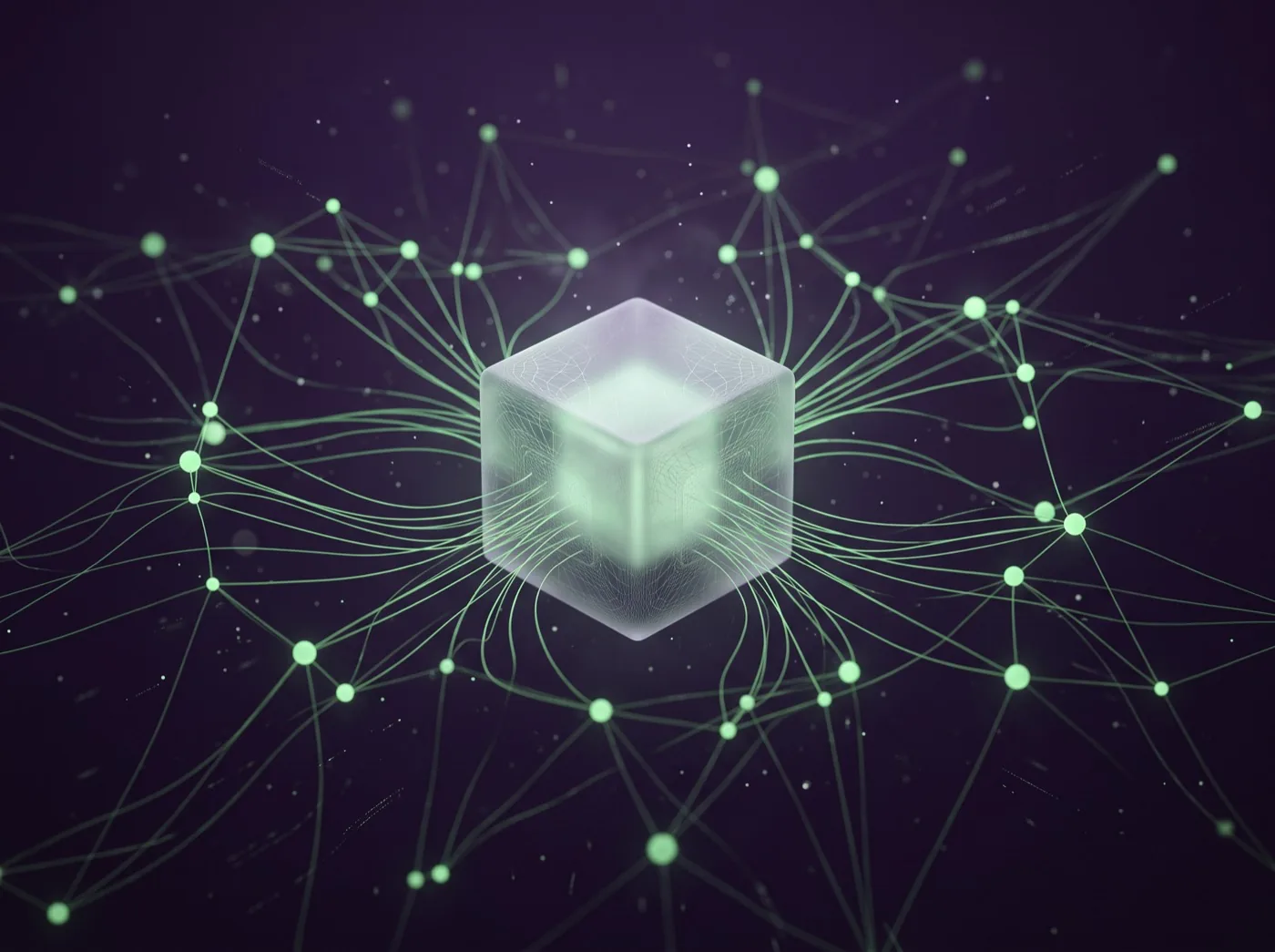 Red de nodos luminosos conectados a un cubo translúcido, representando automatización e inteligencia artificial